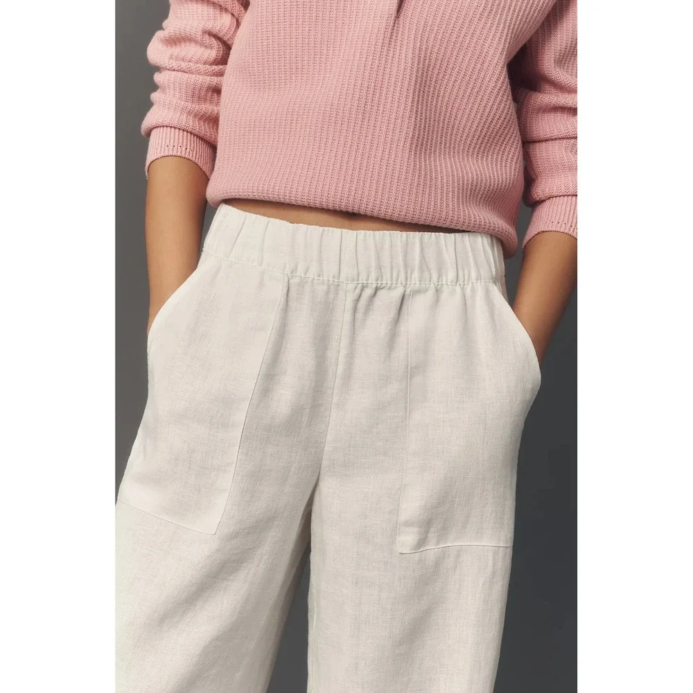 Beyond Yoga White 100% Linen Wide Leg Elastic Waist Patch Pocket Pants Large